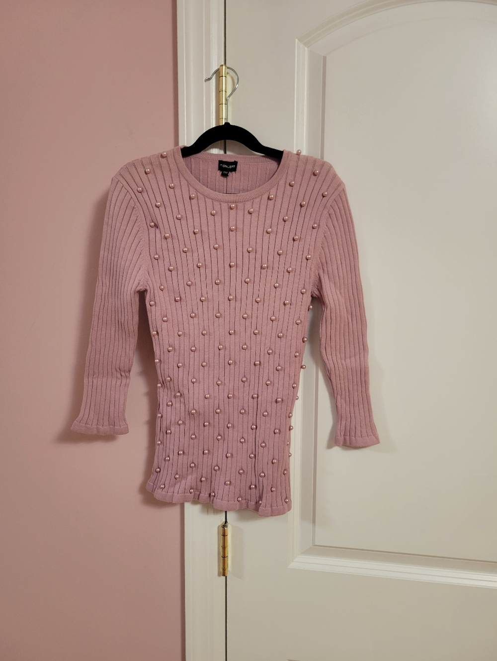NWT Womens Blush Pink Ribbed Pearl Embellished 3/4 Sleeve Pullover Sweater- XXS